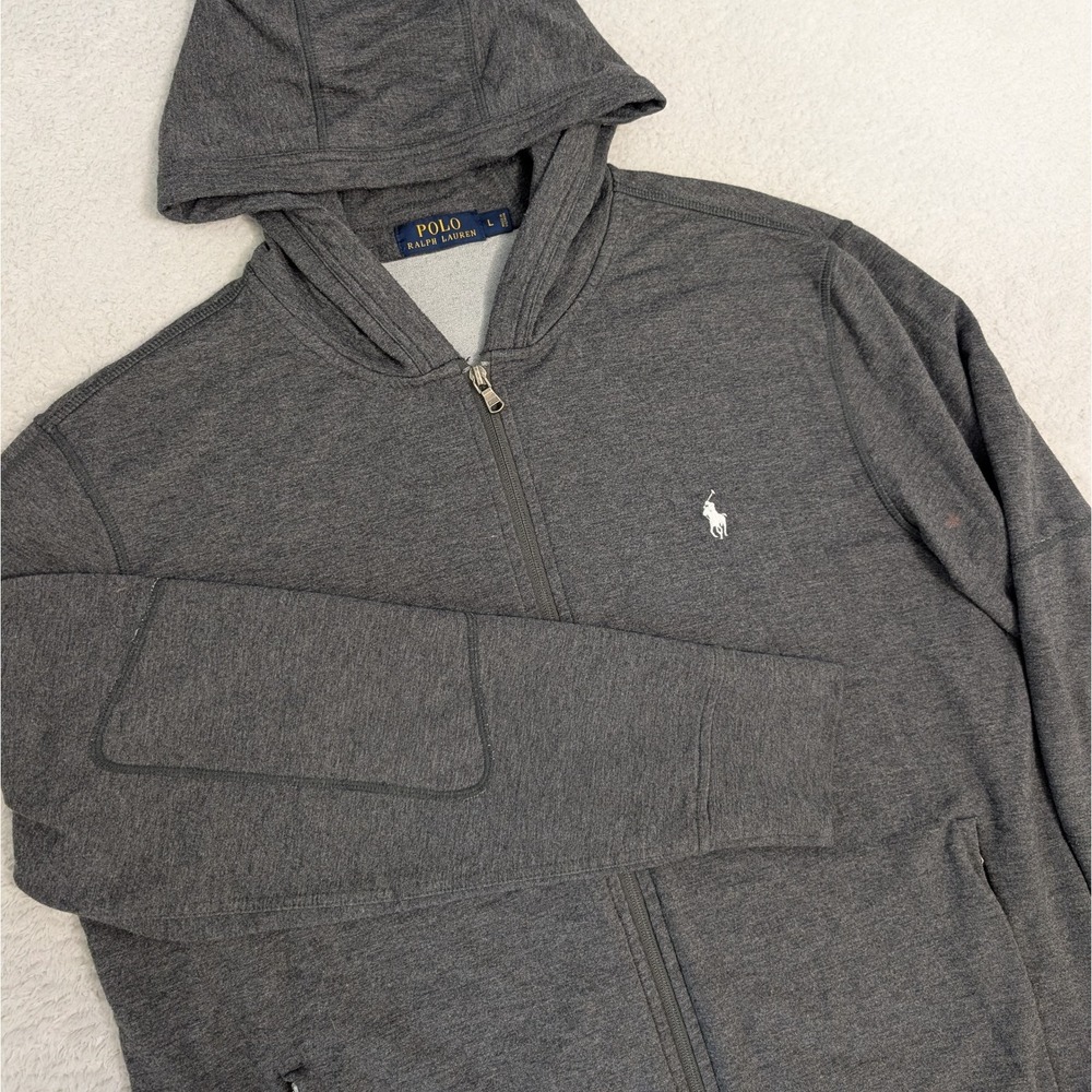 Polo Ralph Lauren Performance Hoodie Full Zip Jacket Elbow Pads Grey Viscose